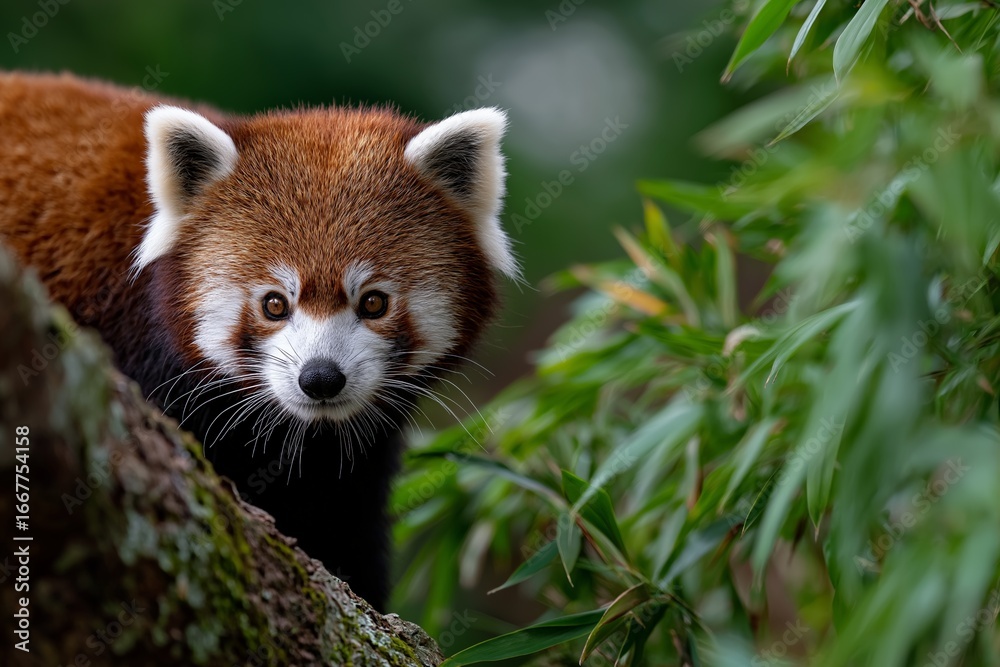 Naklejka premium Red panda resting on tree branch surrounded by greenery in natural habitat