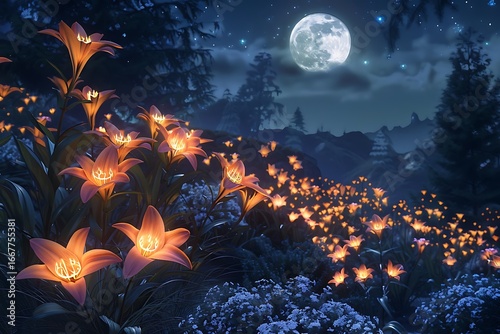 Wallpaper Mural Enchanting moonlit garden glows with luminous lilies and dreamy starry night sky Torontodigital.ca