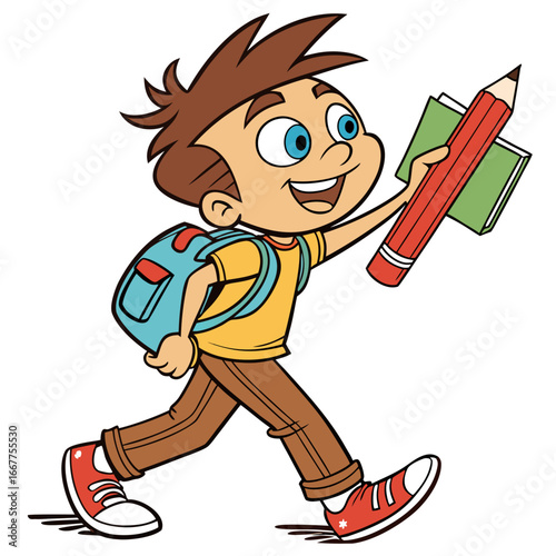 Smiling Schoolboy With Backpack Carrying Pencil and Book on White Background