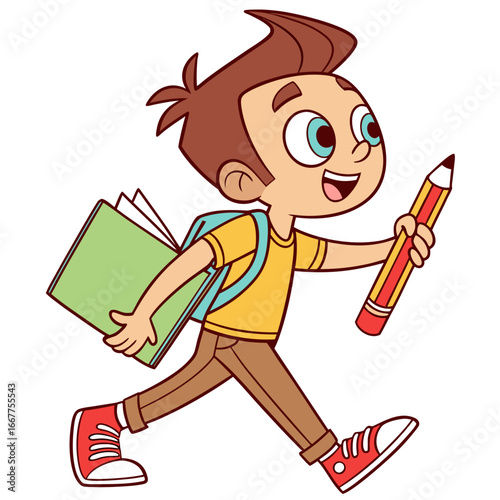 Energetic Cartoon Boy Holding Pencil and Books Ready for School