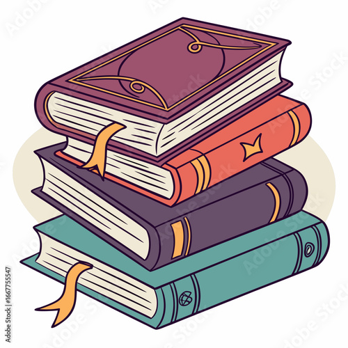 Stack of Colorful Books with Bookmarks in an Artistic Illustration