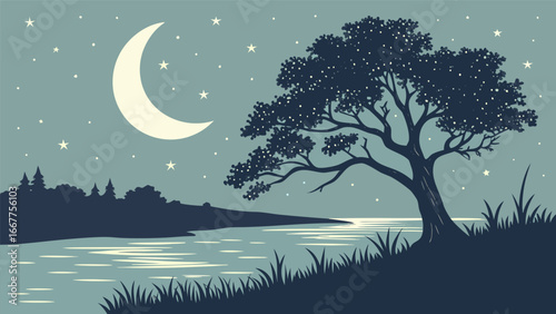Nighttime Scene Featuring Moonlit River and Serene Tree Silhouette
