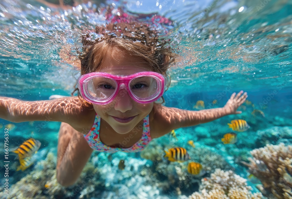Naklejka premium a girl wearing pink goggles and swimming in the clear blue sea, surrounded by colorful fish, snorkeling with her arms outstretched to control movement