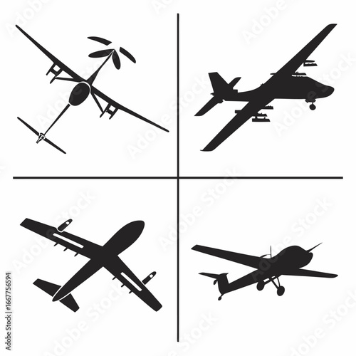 Four drone aircraft silhouettes military reconnaissance