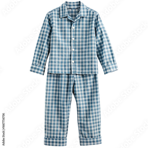 A pair of blue and white gingham pajamas for men, isolated on a transparent background