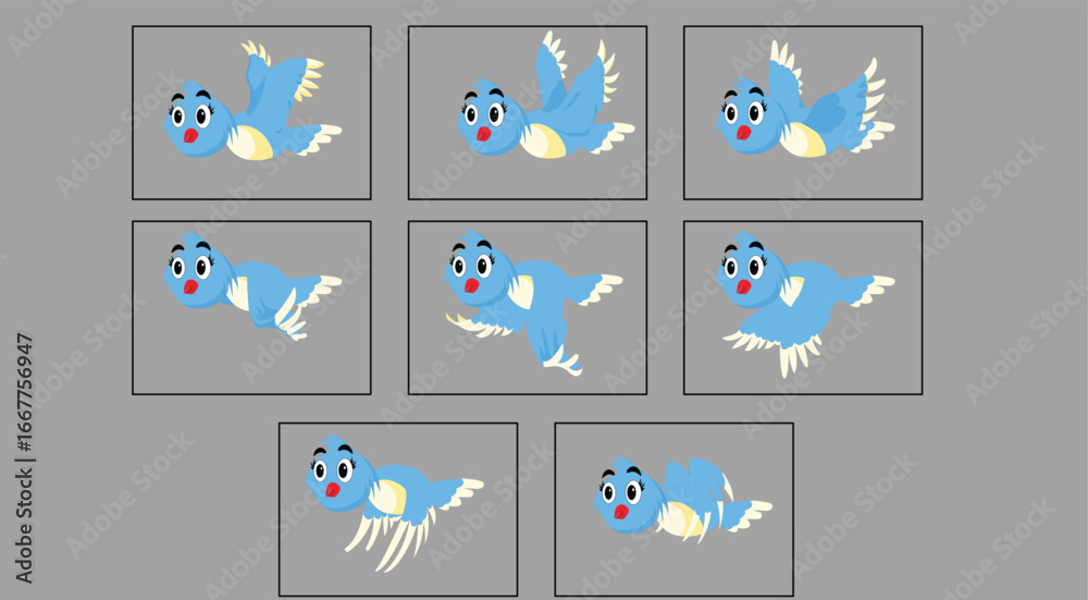 Fototapeta premium Animated Sequence of a Cartoon Blue Bird in Flight