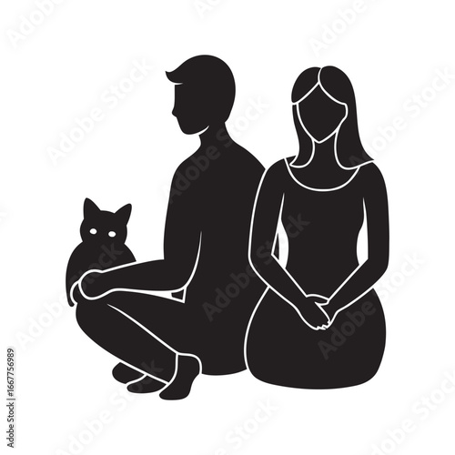 Couple With Cat On Lap Silhouette Vector Artwork
