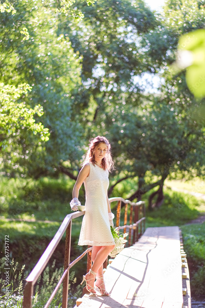 Naklejka premium moscow, russia,07.07.2022 A young Caucasian woman with brown hair