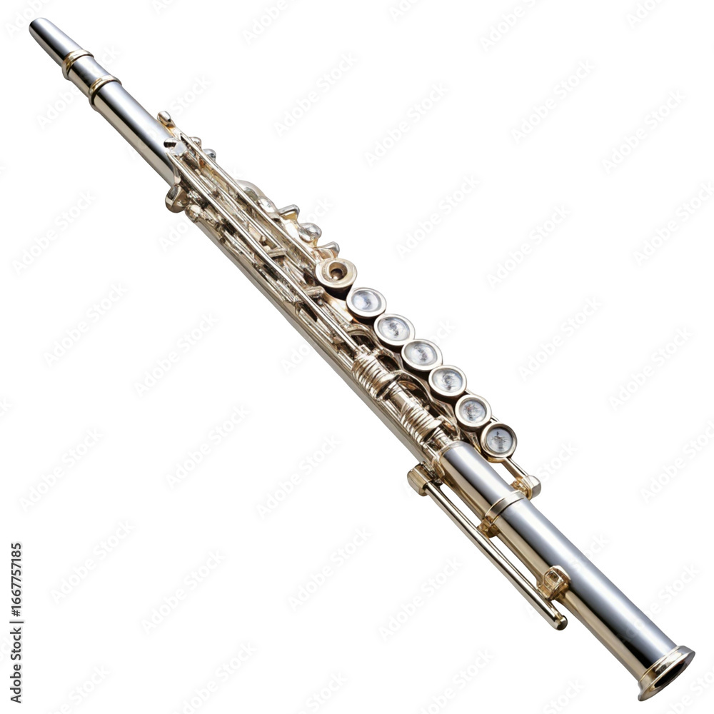 Fototapeta premium Silver flute isolated on transparent background, a shiny metal musical instrument with keys, used in classical and orchestral music