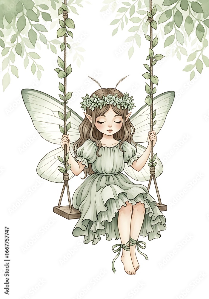 Fototapeta premium Enchanting fairy with delicate wings and a floral crown swings gently on a vine swing