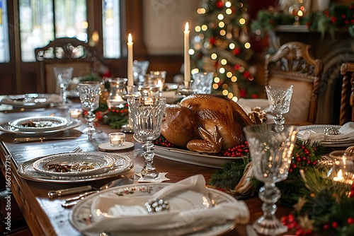 Wallpaper Mural Elegant holiday feast with roasted turkey centerpiece, festive table setting, and glowing Christmas tree lights Torontodigital.ca