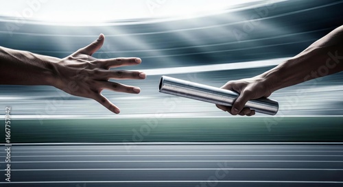 The Critical Exchange: The Decisive Moment of a Relay Baton Pass.