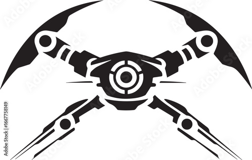 Drone Concept: A modern, detailed illustration of a drone featuring intricate designs. Its four arms and central body are in stark black, embodying a blend of technology and futuristic themes.