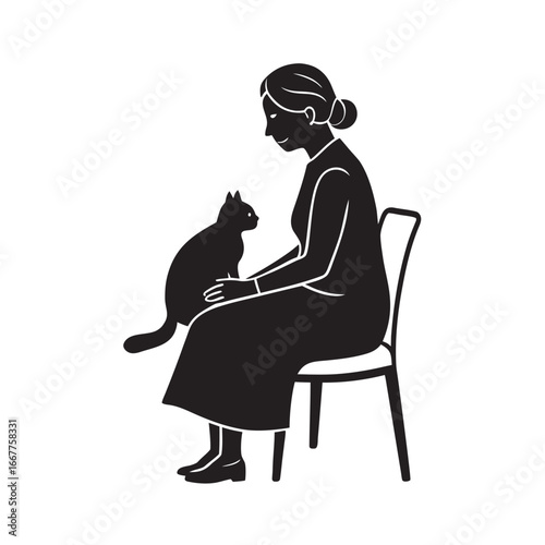 Elderly Woman With Cat Silhouette Vector Artwork