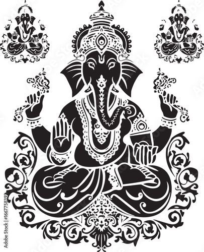 Ganesha Art: An intricate and detailed monochrome illustration of Ganesha, the revered deity, exuding spirituality and artistic finesse.