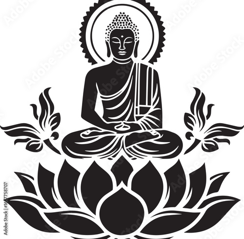 Serene Enlightenment: The image showcases a graphic rendering of a meditating figure. It embodies peace, wisdom, and spiritual tranquility, symbolizing the pursuit of inner harmony and mindfulness. 