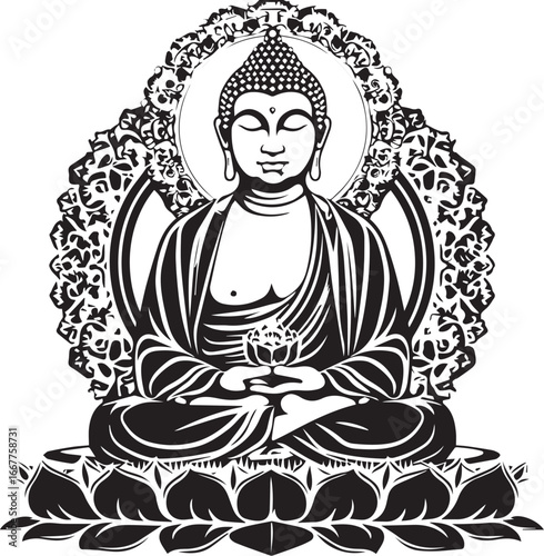 Serene Enlightenment: A detailed black and white illustration depicts a serene Buddha in meditative pose, radiating a sense of tranquility, wisdom, and spiritual enlightenment.
