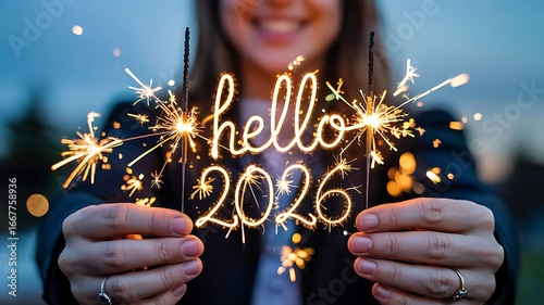 Smiling woman holding sparklers that spell out hello 2026 celebrating the new year with festive lights