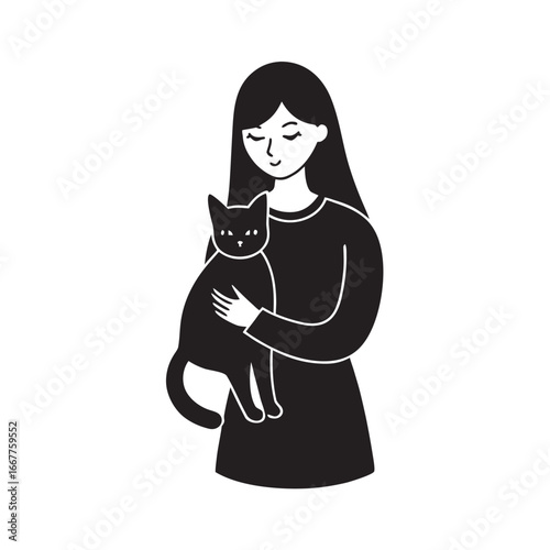 Girl Cuddling Cat Silhouette Vector Artwork