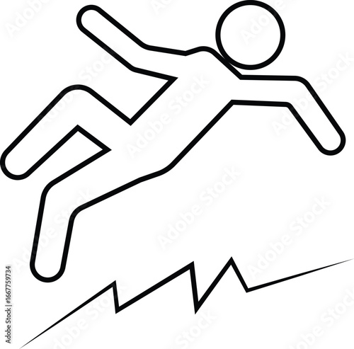 Earthquake hazard icon, falling person silhouette with seismic crack, black solid and outline pictogram vector, natural disaster safety warning, emergency alert, danger awareness design.
