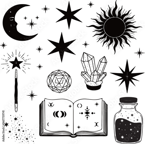 set of black and white illustrations featuring various celestial and magical elements