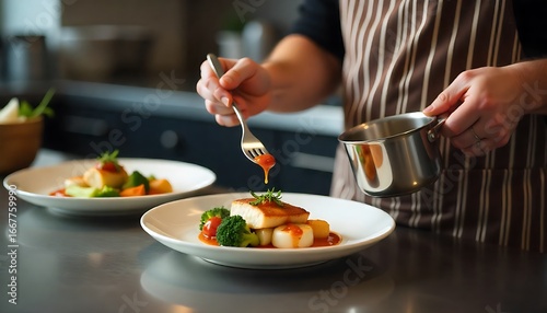Wallpaper Mural Chef’s Hands Pouring Sauce Over Dish in Kitchen, En cuisine / in the kitchen, professional culinary presentation, created with generative ai Torontodigital.ca