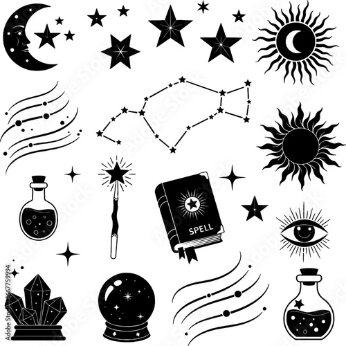 set of black and white illustrations featuring various celestial and magical elements
