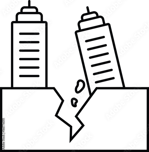 Earthquake building collapse icon , black solid and outline vector of damaged skyscrapers, cracked ground, shaking effect, seismic disaster, destruction, emergency alert and safety awareness symbol