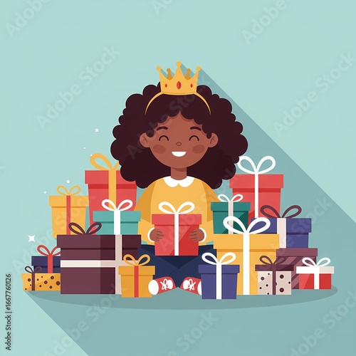 Happy Black girl with curly hair holding a gift among presents  