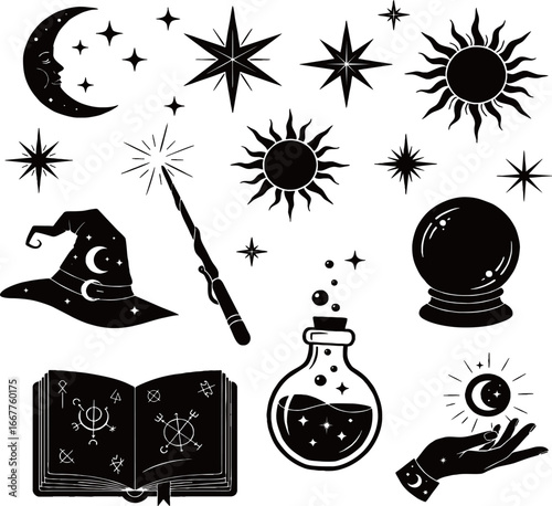 collection of black and white silhouette-style illustrations featuring celestial and magical themes.