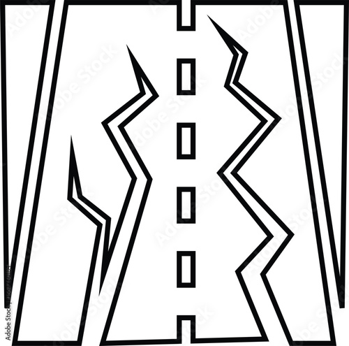 Earthquake broken road collapse icon black solid and outline vector of damaged skyscrapers cracked ground shaking effect seismic disaster, destruction, emergency alert and safety awareness symbol