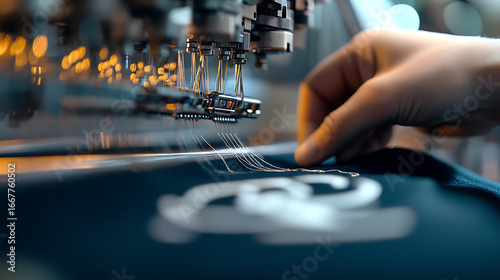 Close-Up of Shirt Logo Being Stitched on Embroidery Machine in Textile Factory