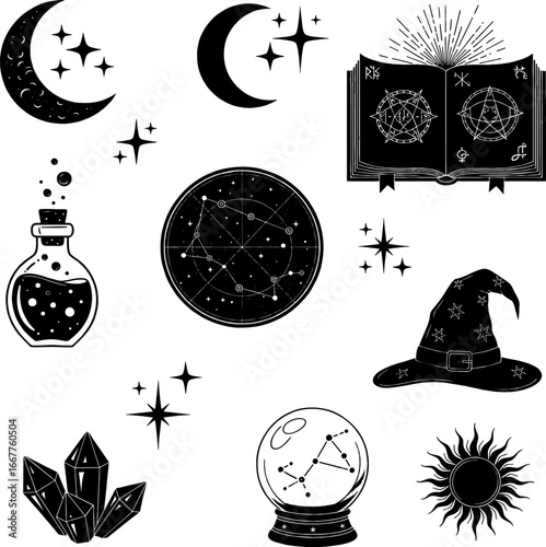 collection of black and white illustrations featuring various celestial and magical elements.