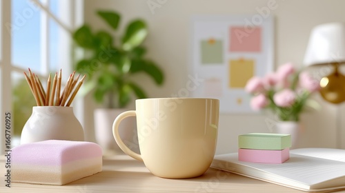 Wallpaper Mural Cozy home office with coffee mug, plants, and pastel stationery Torontodigital.ca