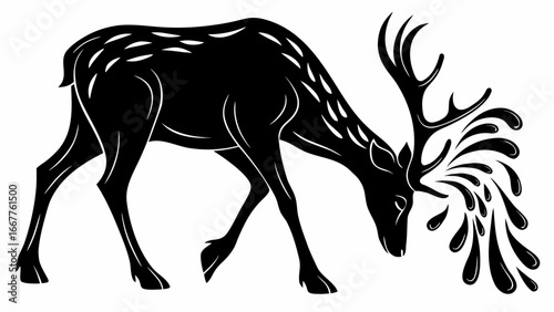Stylized black deer with white markings drinking water with droplets emanating from its mouth in silhouette