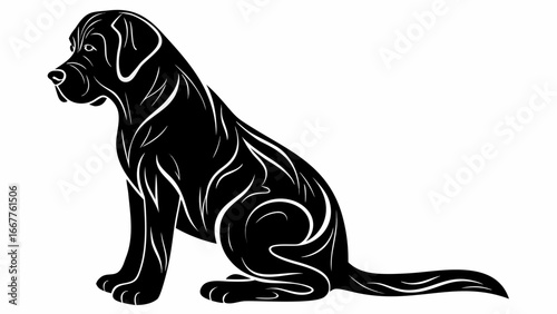 Stylized black labrador retriever sitting with white accent lines on a white background design vector silhouette