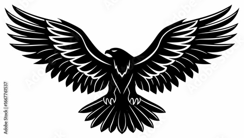 Illustration of a black eagle with outstretched wings in a symmetrical and stylized design style silhouette