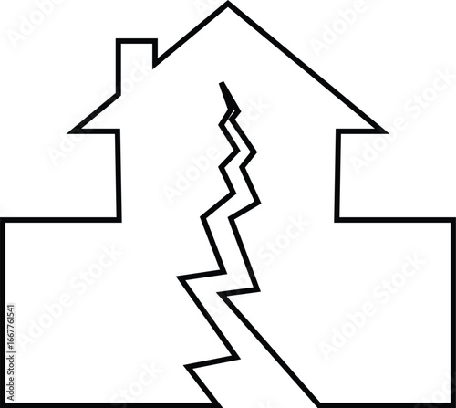 Earthquake houses collapse icon , black solid and outline vector of damaged skyscrapers, cracked ground, shaking effect, seismic disaster, destruction, emergency alert and safety awareness symbol