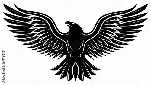 Illustration of a black eagle with wings spread wide in a symmetrical and detailed design on white background silhouette