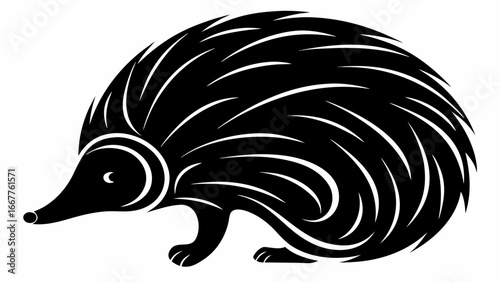 Illustration of a stylized echidna with curved spines in black and white design element style art silhouette