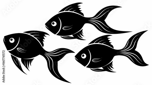 Illustration of three black fish swimming in different directions against a white background design element silhouette