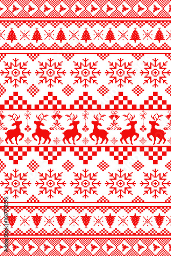Christmas seamless pattern with deer, snowflake and tree. Flat red pixel vector seamless illustration design