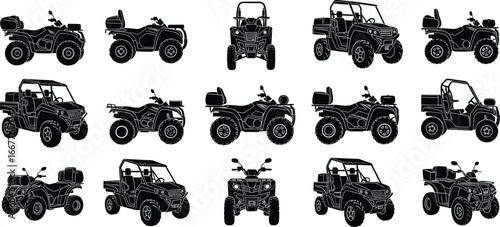 All‑terrain vehicle silhouettes, ATV UTV vector icons, off‑road transport illustration, quad bike graphic, utility vehicle design, motorsport clipart, adventure riding, isolated