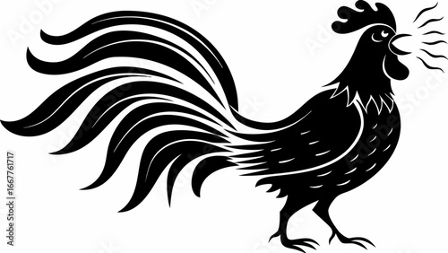 Illustration of a stylized black rooster crowing with detailed tail feathers and comb design element silhouette