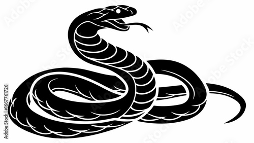 Stylized black snake with tongue out and coiled body on a white background vector illustration silhouette