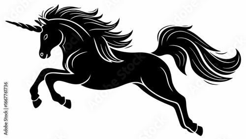 Silhouette of a black unicorn prancing with a flowing mane and tail on a white background design art