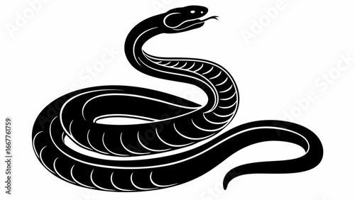 Illustration of a black snake coiled with its tongue out, against a white background in a simple style silhouette