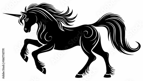 Silhouette of a rearing unicorn with flowing mane and tail and decorative swirls on its body design