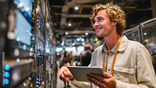 Young man working in a modern big data center, configuring server racks while holding a tablet and checking network systems.