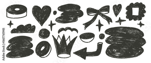 Crown, heart and geometric forms sketch roller ink elements. Abstract silhouette shapes charcoal drawn set. Naive black doodle figures on white background. Vector illustration by pencil.